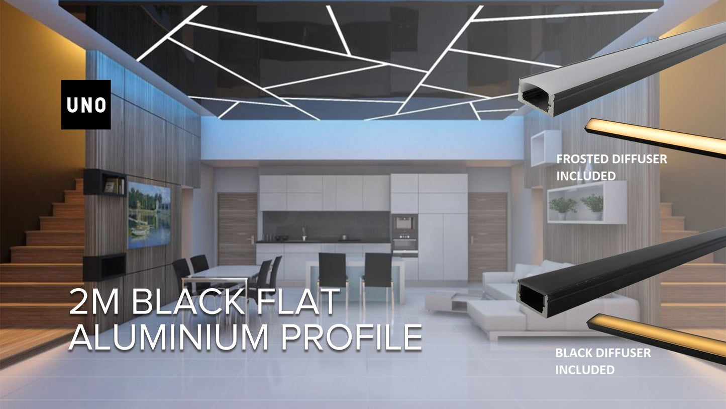 IN STOCK NOW- 2 Meters Black Flat Aluminium Profile Including Frosted / Black diffuser