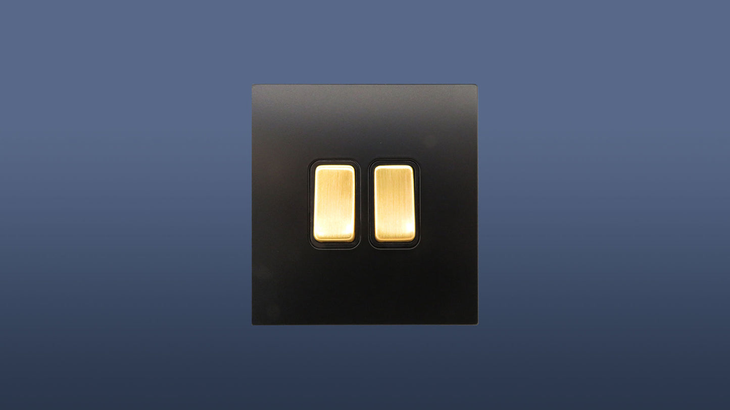 Matt Black Plate Gold Switched 2 Gang 2 Way Rocker Light Switch