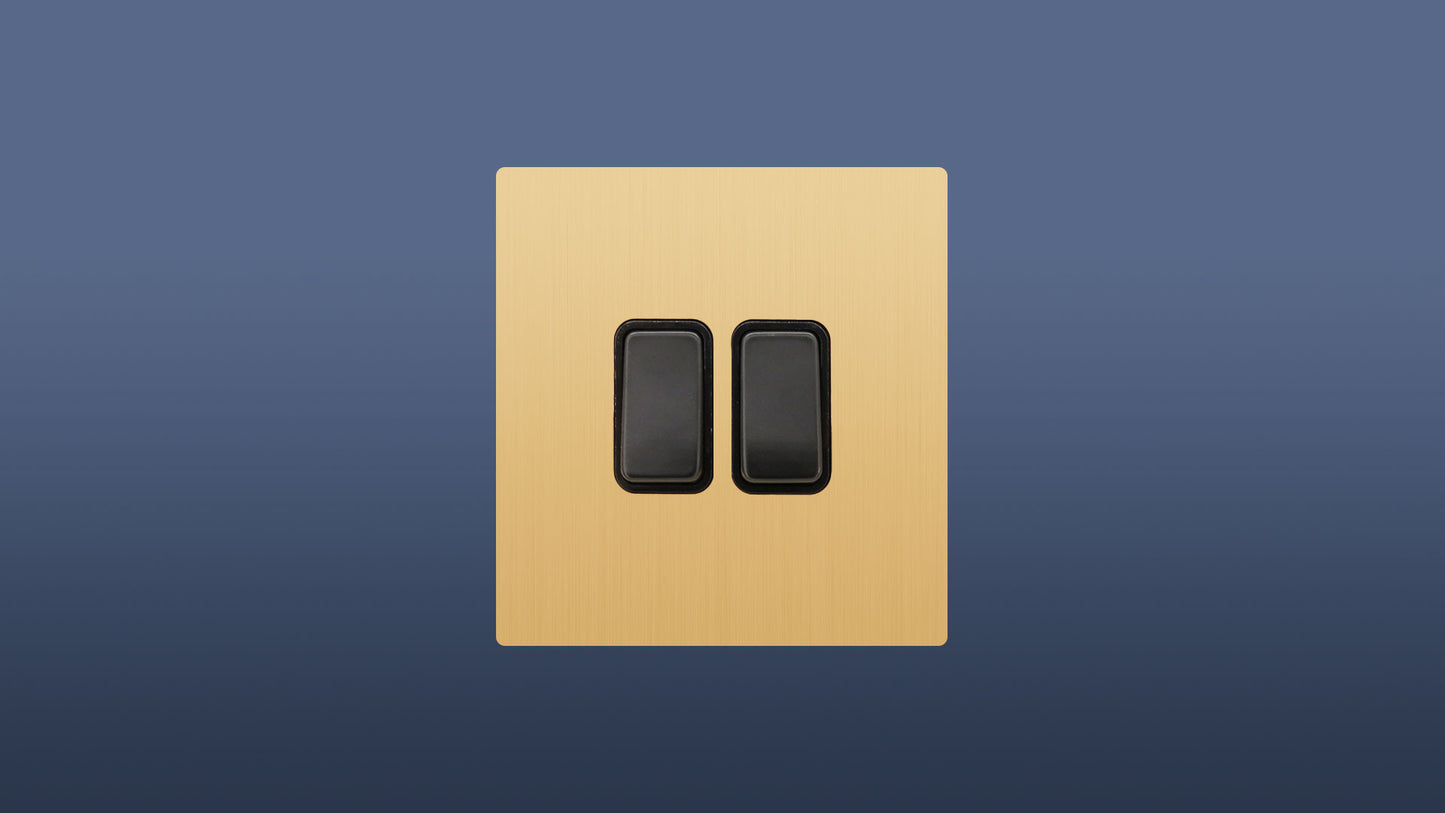 Brushed Brass / Matt Gold Plate Black Switched 2 Gang 2 Way Rocker Light Switch