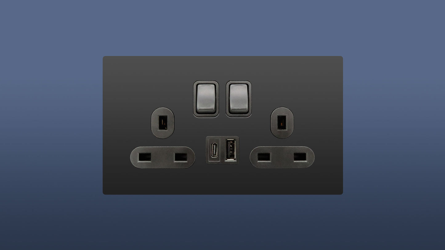 Screwless Matt Black Double Plug Switched Socket 2 Gang 13 Amp DP with USB and USBC Point