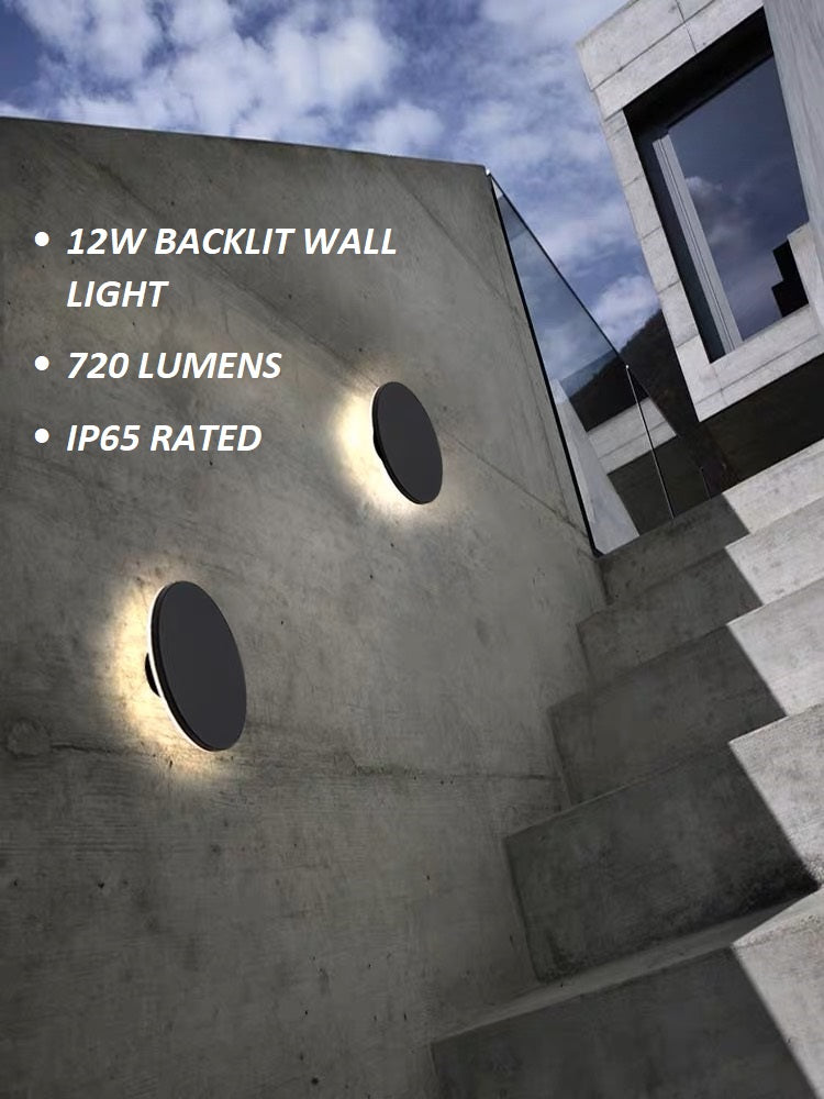 12W Black Round Backlit LED Interior / Exterior Outdoor Wall Light, IP65, 1.5M Pre-wired cable