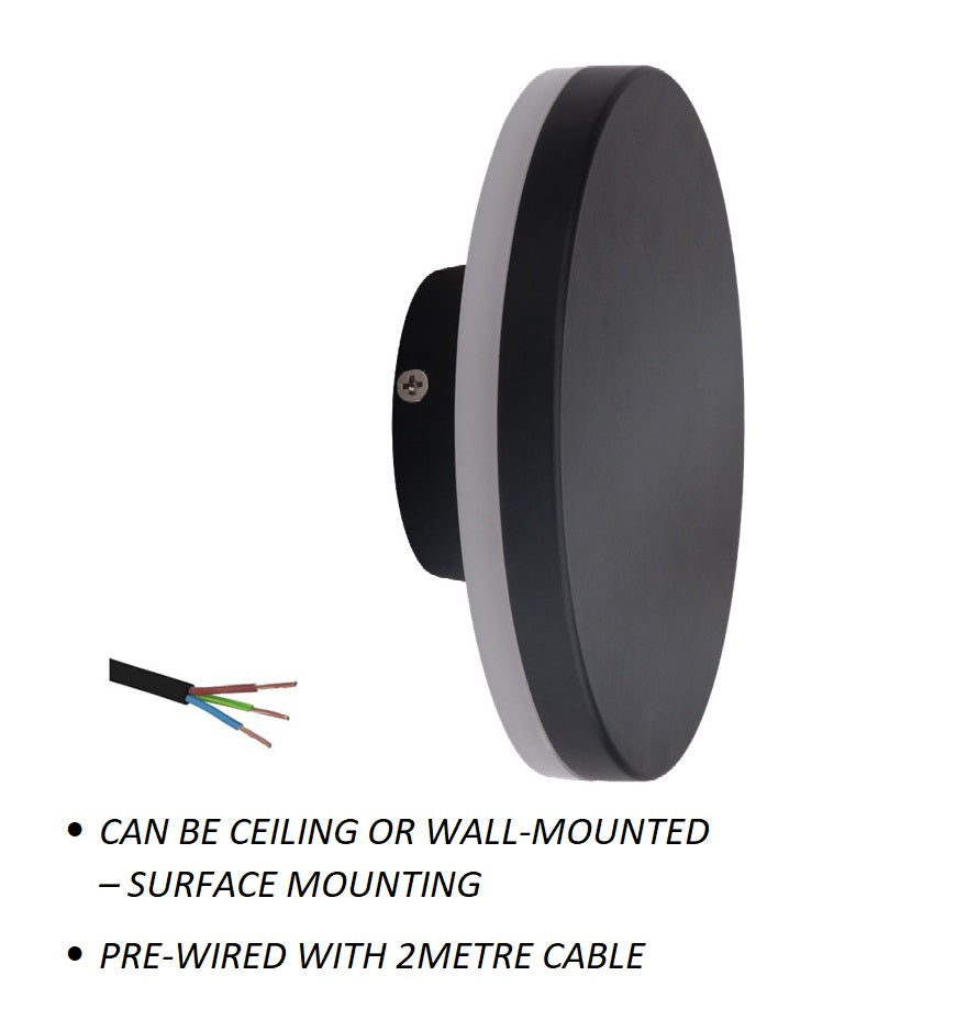 12W Black Round Backlit LED Interior / Exterior Outdoor Wall Light, IP65, 1.5M Pre-wired cable