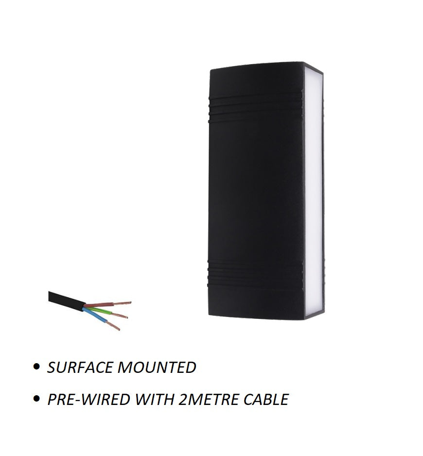 18W LED Interior / Exterior Wall Light Length 220mm Up Down Front Opal Diffuser IP65 Black Aluminum, 1.5M Pre-wired cable