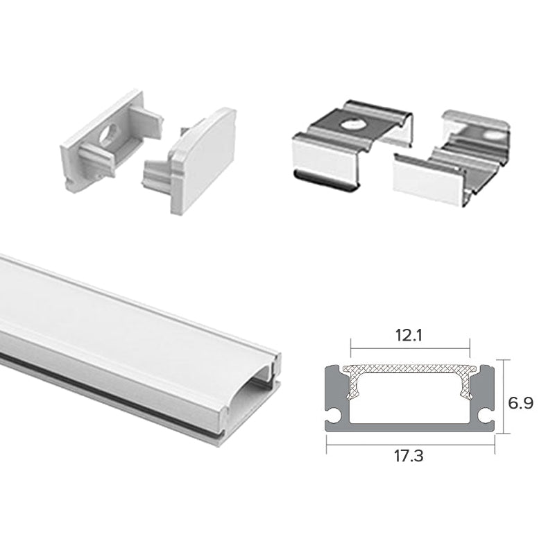 2 Metre Flat Aluminum Profile Channel with Frosted Diffuser and Accessories for LED Strip Lighting