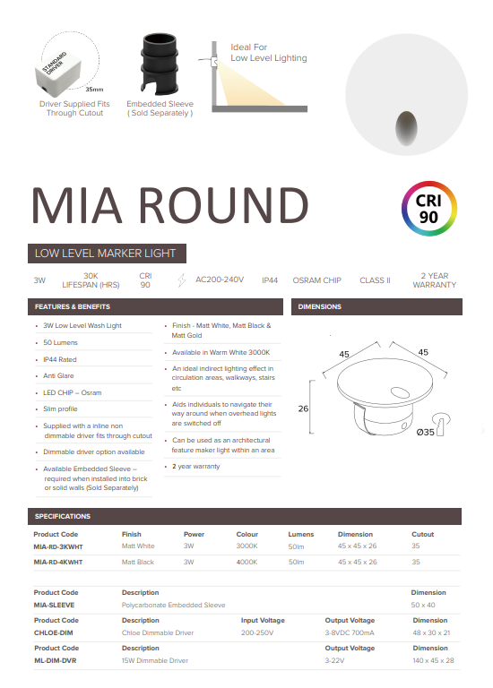 3W Mia Round Low Level Wash Light Gold (Non Dimmable Driver Included)
