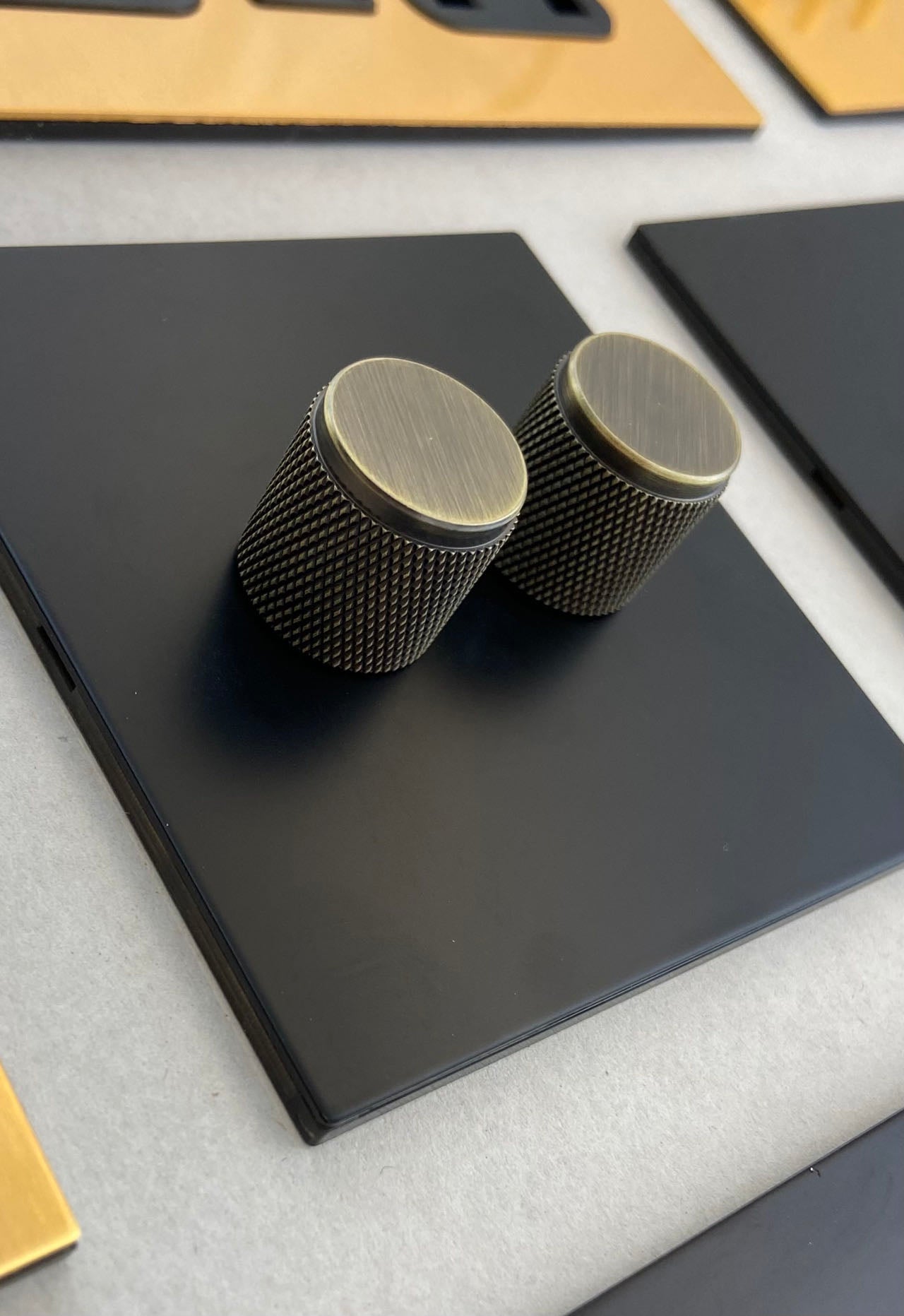 Matt Black 2 Gang Dimmer Switch with Antique Brass Knurled Knobs