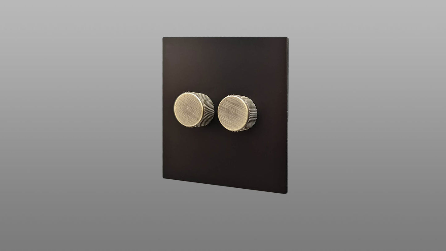Matt Black 2 Gang Dimmer Switch with Antique Brass Knurled Knobs