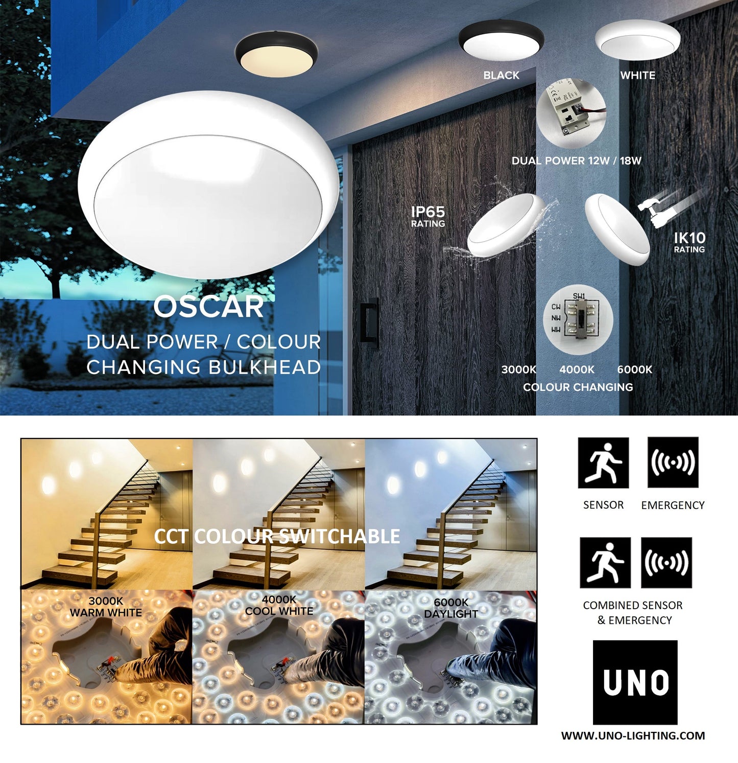 Microwave Sensor 12W/18W Tri Color CCT Adjustable Wattage LED IP65 Bulkhead