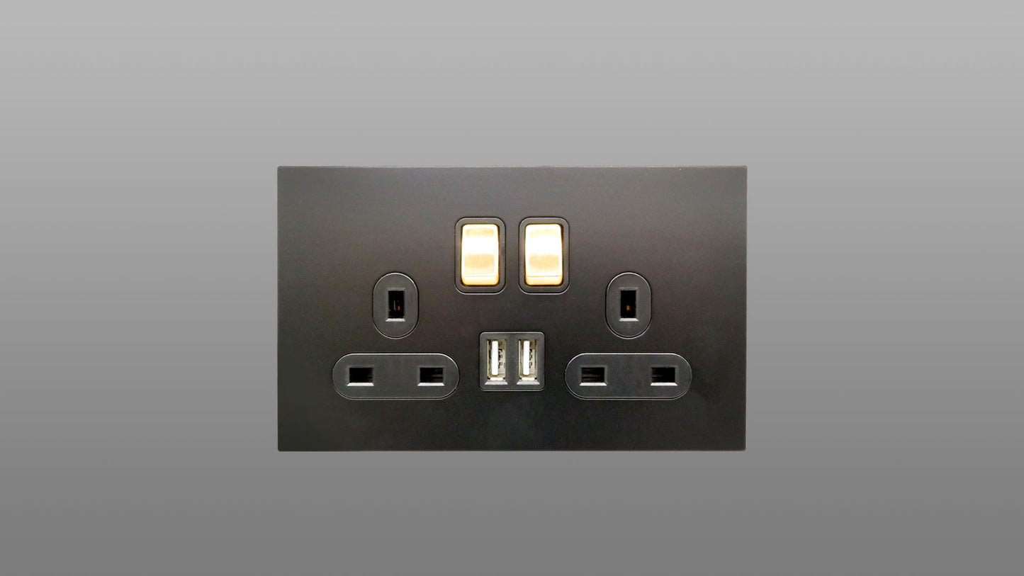 Screwless Matt Black Plate Gold Switched Double Plug Socket 2 Gang 13 Amp DP with 2 USB Point