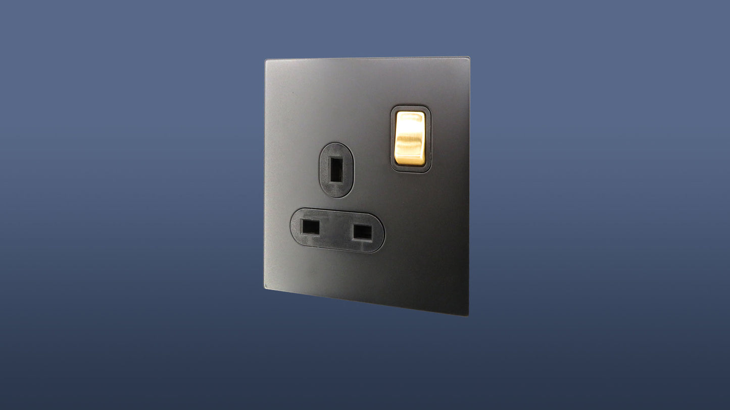 Screwless Matt Black Plate Gold Switched Single Plug Socket 1 Gang 13 Amp DP