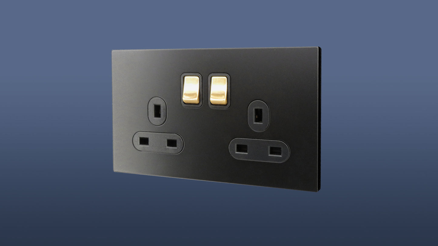 Screwless Matt Black Plate Gold Switched Finish Double Plug Sockets 2 Gang 13 Amp DP