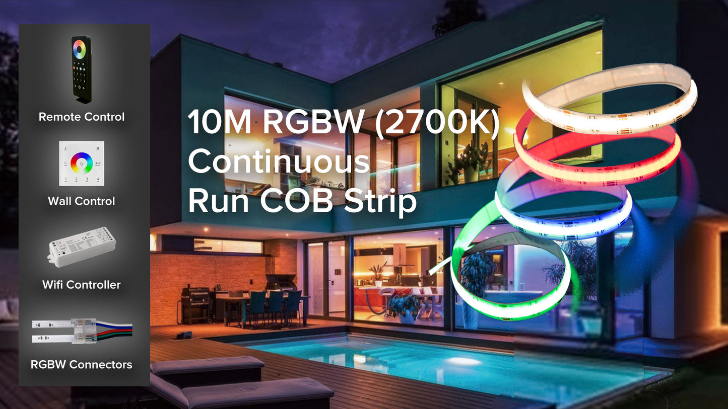14W RGBW (2700K) LED Color COB Seamless Strip 5 Metre COB Dotless IP44 2 Metre Cables