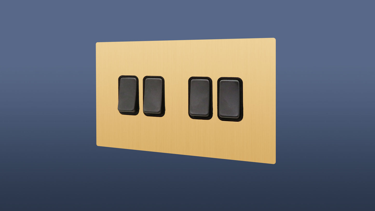 Brushed Brass / Gold Plate Black Switched 4 Gang 2 Way Rocker Light Switch
