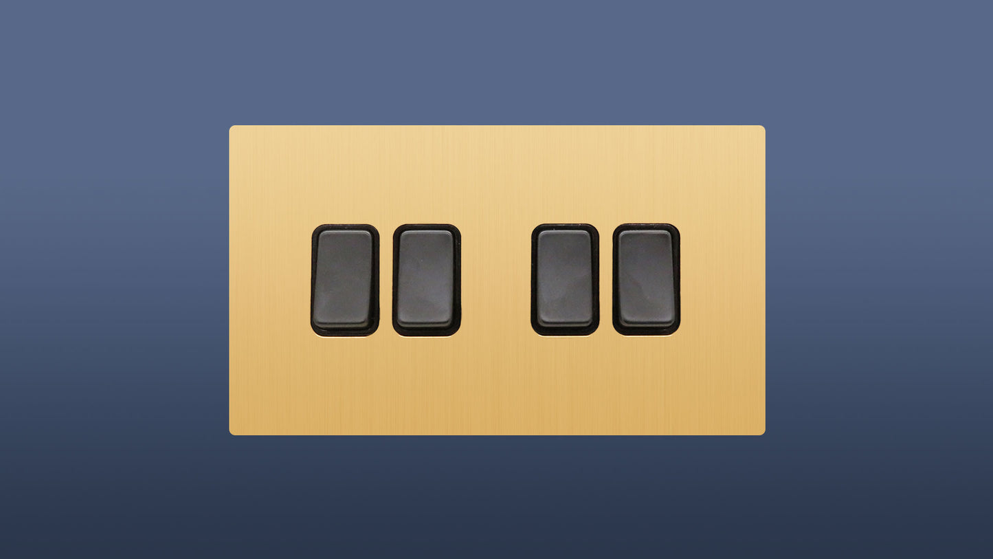 Brushed Brass / Gold Plate Black Switched 4 Gang 2 Way Rocker Light Switch