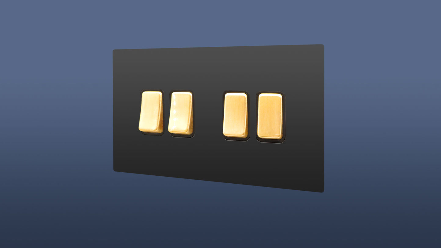 Black Plate Brushed Brass / Gold Switched 4 Gang 2 Way Rocker Light Switch