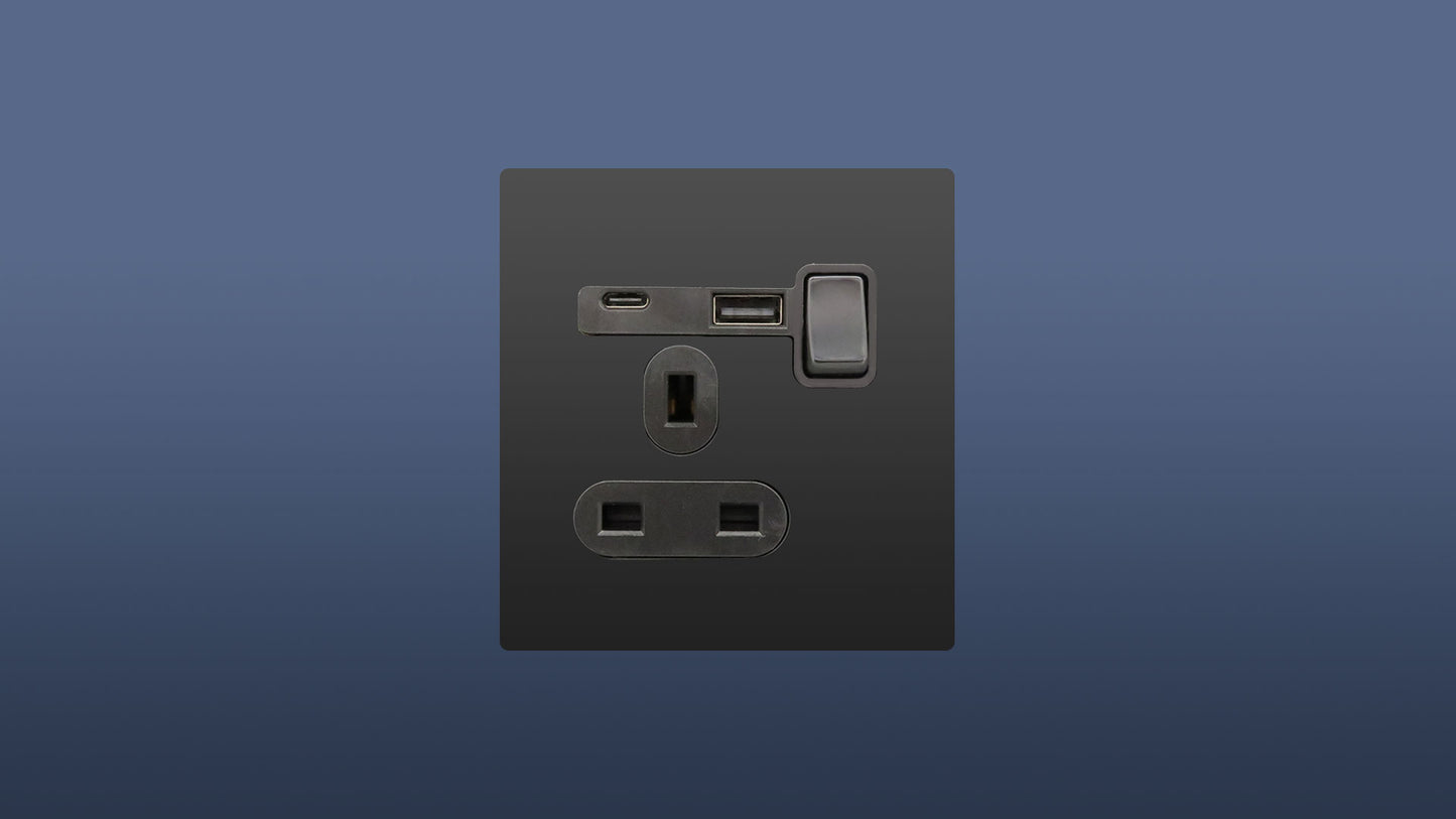 Screwless Matt Black Finish Single Plug Switched Socket 1 Gang 13 Amp DP with USB and USBC Point