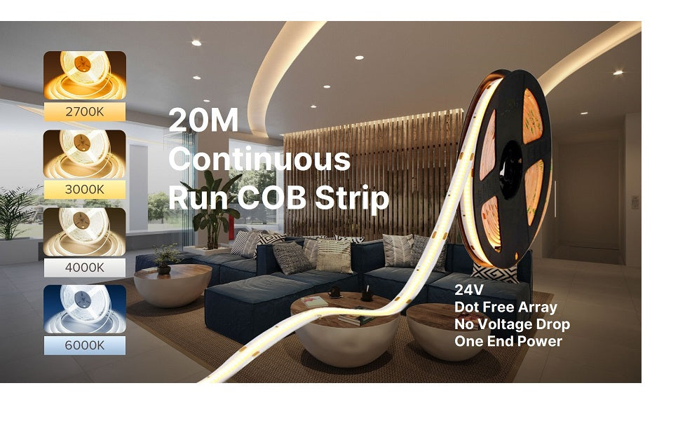 20 Metres Reel 8W 3000K LED COB Strip Super Length Up to 20 Metres Continuous Run Strip IP44 Warm White