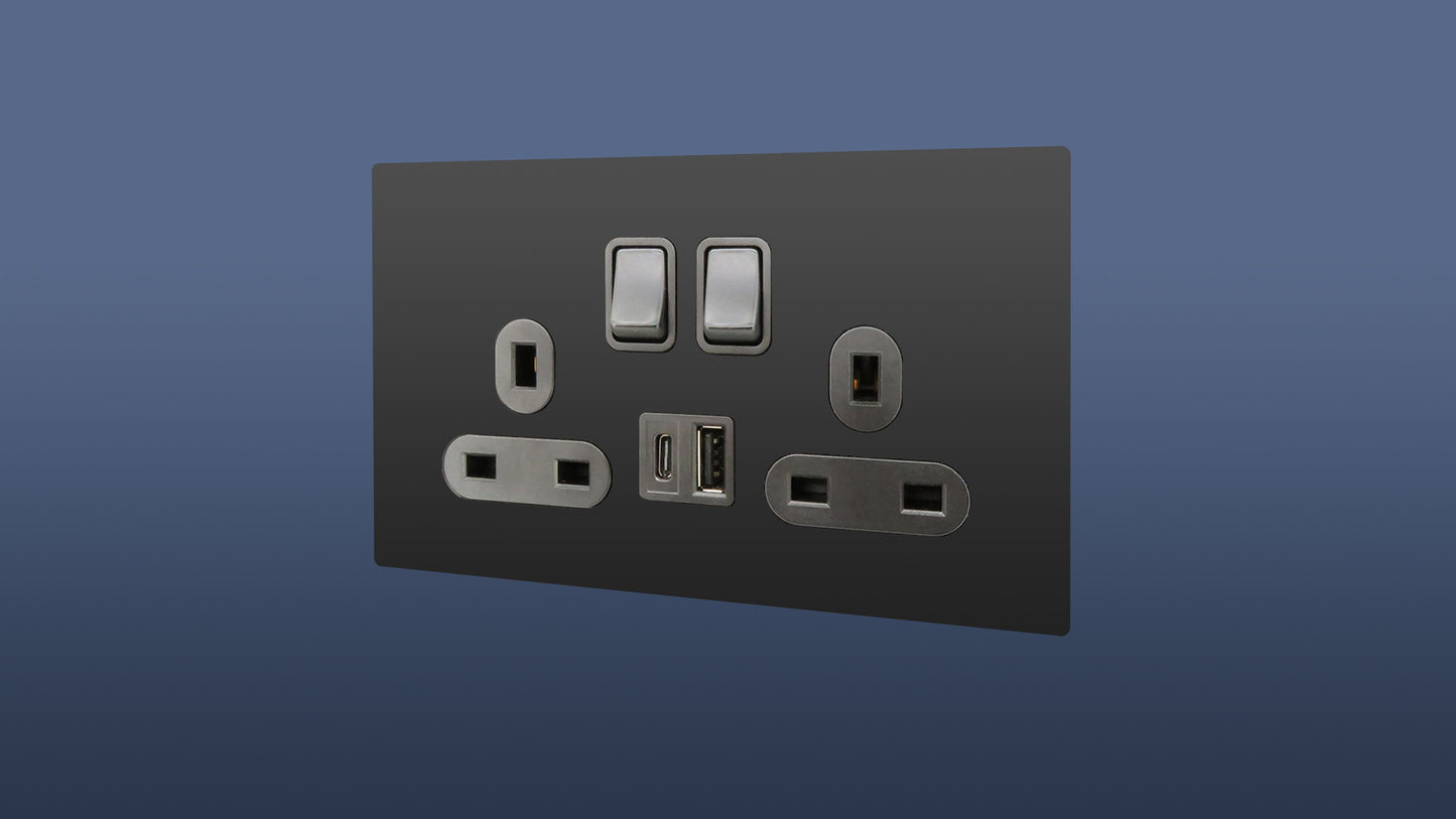 Screwless Matt Black Double Plug Switched Socket 2 Gang 13 Amp DP with USB and USBC Point