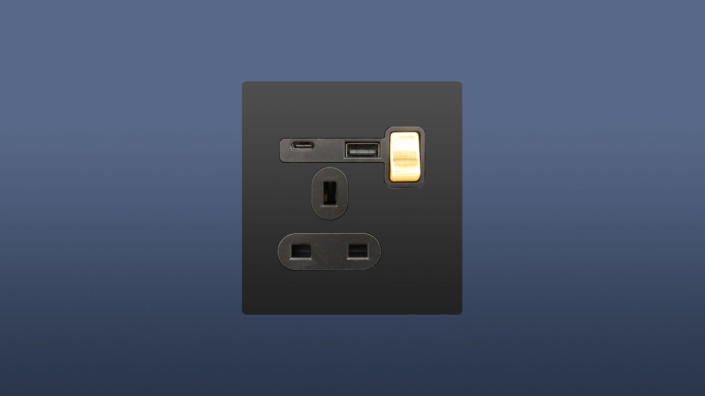 Screwless Matt Black Plate Gold Switched Single Plug Socket 1 Gang 13 Amp DP with USB and USBC Point