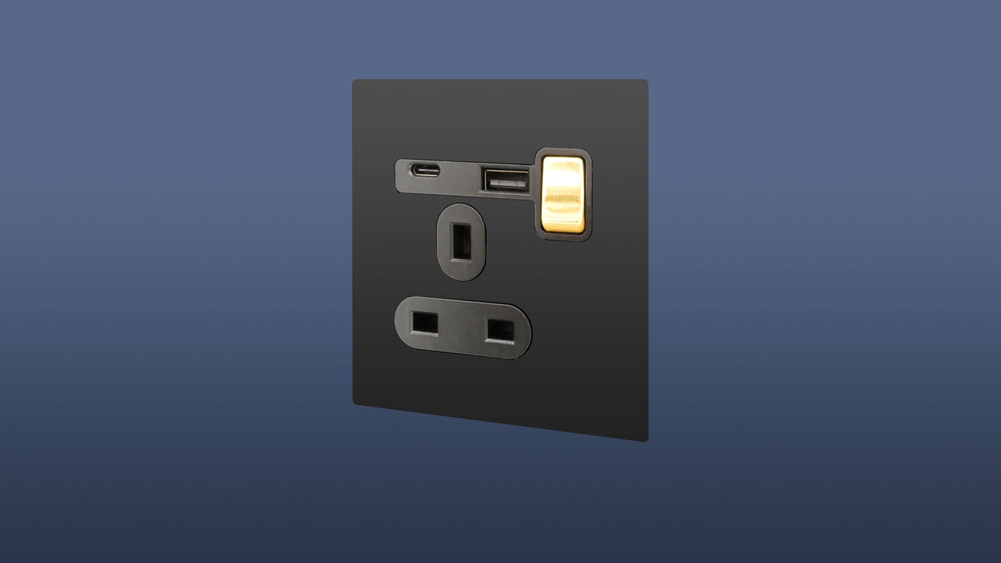 Screwless Matt Black Plate Gold Switched Single Plug Socket 1 Gang 13 Amp DP with USB and USBC Point
