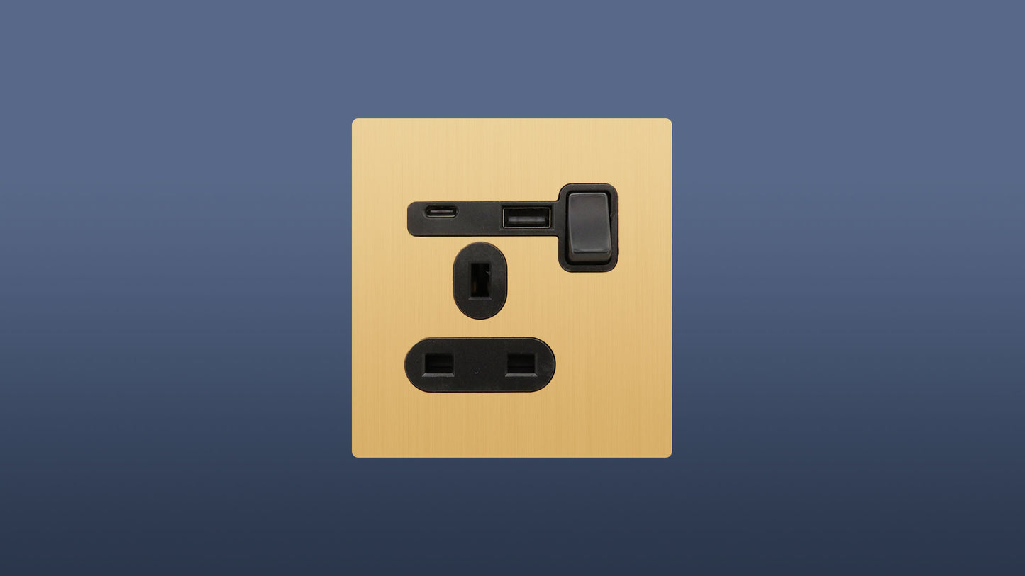 Screwless Brushed Brass / Matt Gold Plate Black Switched Single Plug Socket 1 Gang 13 Amp DP with USB & USBC Point