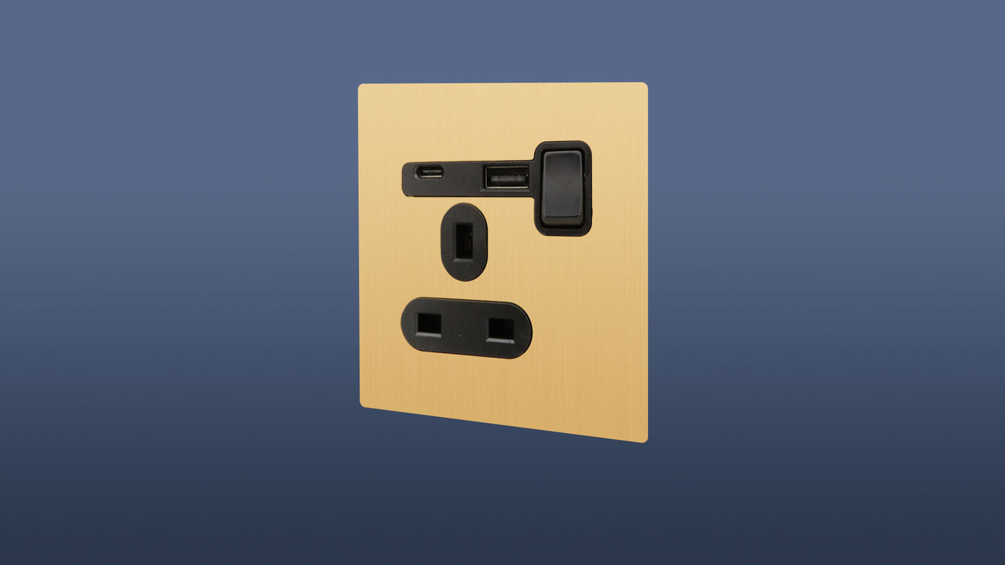 Screwless Brushed Brass / Matt Gold Plate Black Switched Single Plug Socket 1 Gang 13 Amp DP with USB & USBC Point