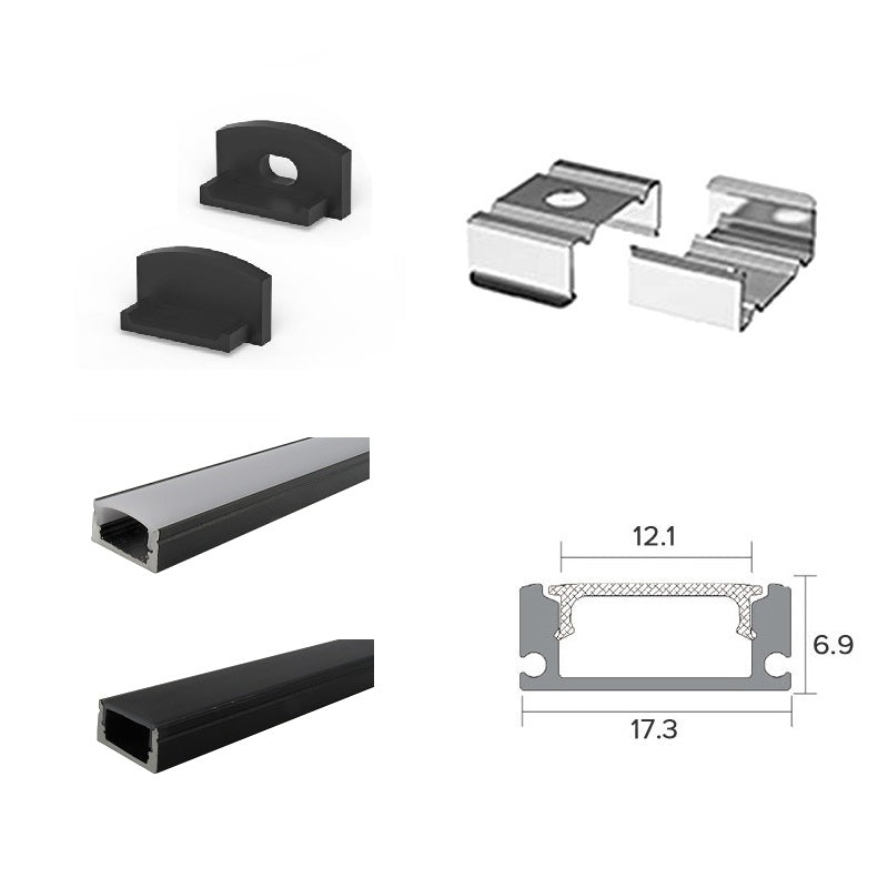 2 Metre Black Flat Aluminum Profile Channel with Black Diffuser and LED Strip Lighting Accessories
