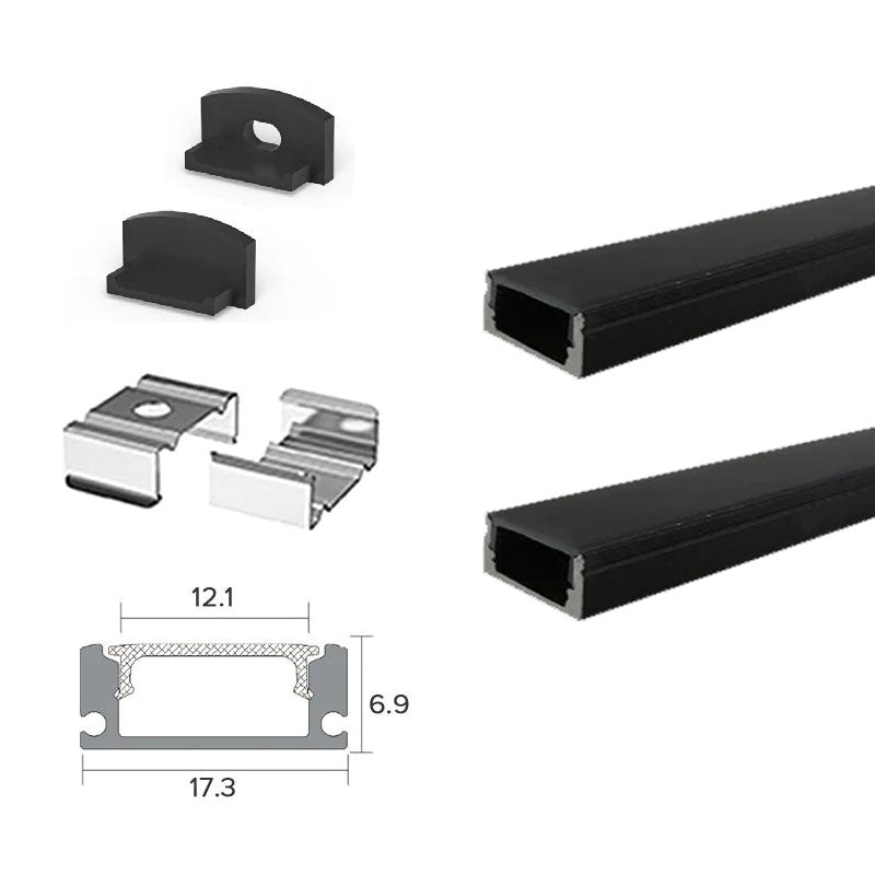 2 Metre Black Flat Aluminum Profile Channel with Black Diffuser and LED Strip Lighting Accessories