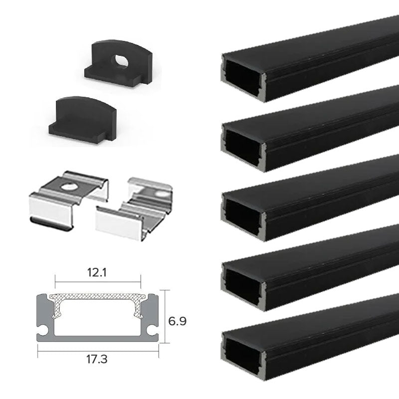 2 Metre Black Flat Aluminum Profile Channel with Black Diffuser and LED Strip Lighting Accessories