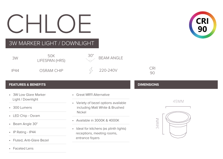 3W Chloe LED IP44 2800K/4000K/6000K CCT Colour Changing Fluted Marker Light, Mini Downlight, Niche/Alcove/Soffit Light Matt White Low Glare (Non Dimmable Driver Included)