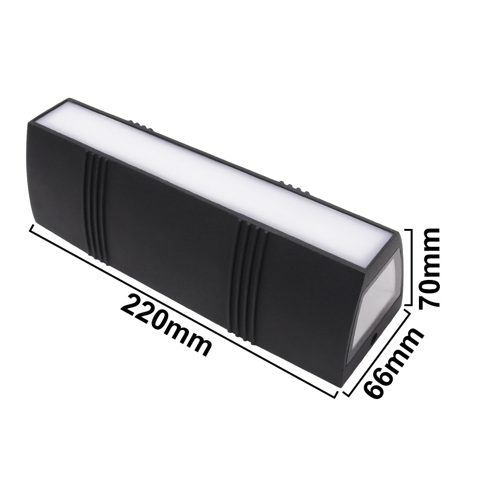 18W LED Interior / Exterior Wall Light Length 220mm Up Down Front Opal Diffuser IP65 Black Aluminum, 1.5M Pre-wired cable