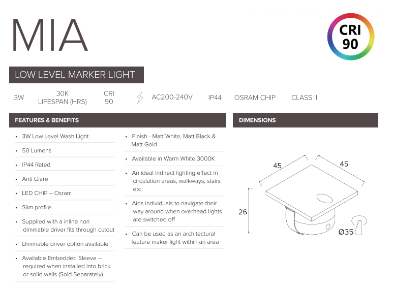 3W Mia Low Level Wash Light Copper (Non Dimmable Driver Included)