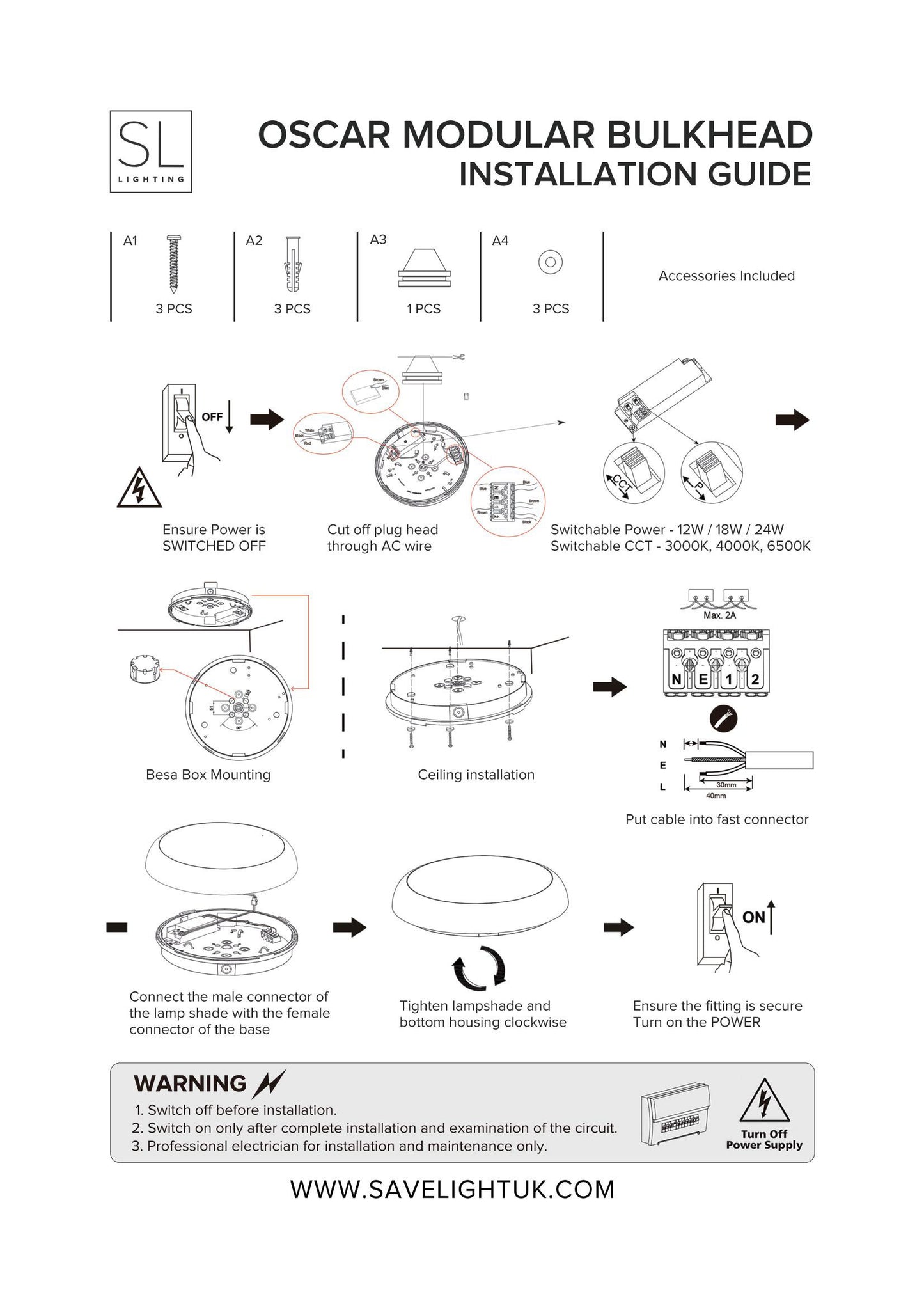 Emergency Function 12W/18W/24W Adjustable Wattage Tri Color CCT LED IP65 Bulkhead