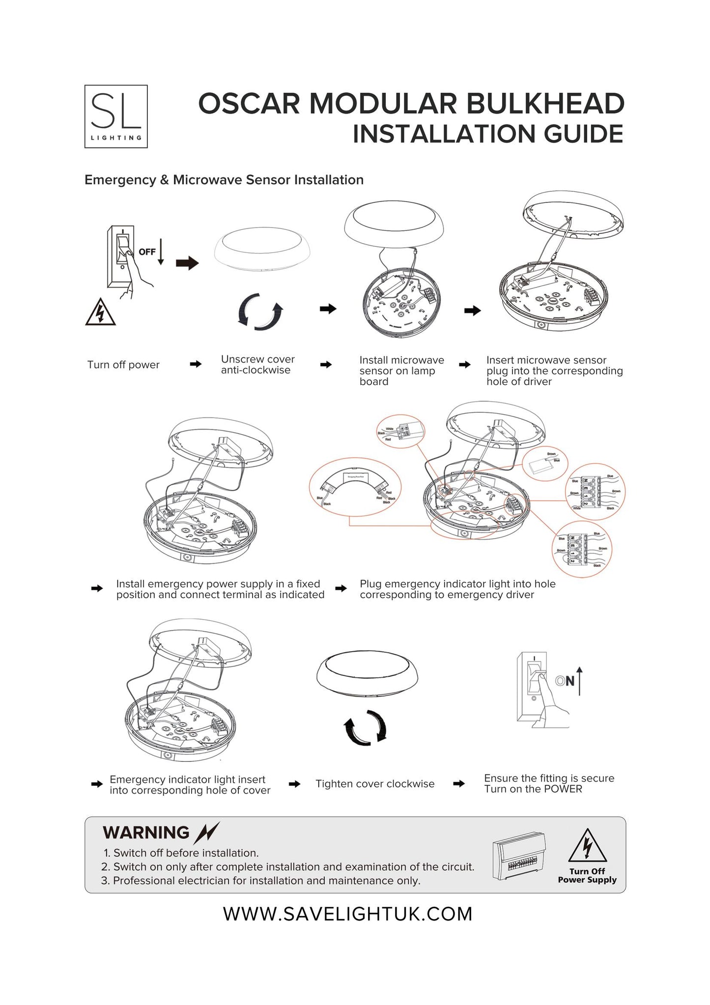 Microwave Sensor Emergency 12W/18W/24W CCT Wattage Adjustable IP65 Modular Bulkhead