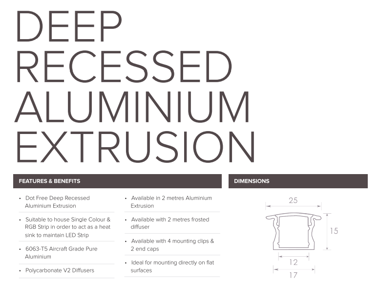 2 Meters LED Deep Recessed Aluminum Profile with Frosted Diffuser and Accessories for LED Strip Lighting