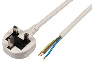UK Mains Plug with 5A Fuse to Bare Ends Mains Lead, 0.75mm, 2m, Black or White