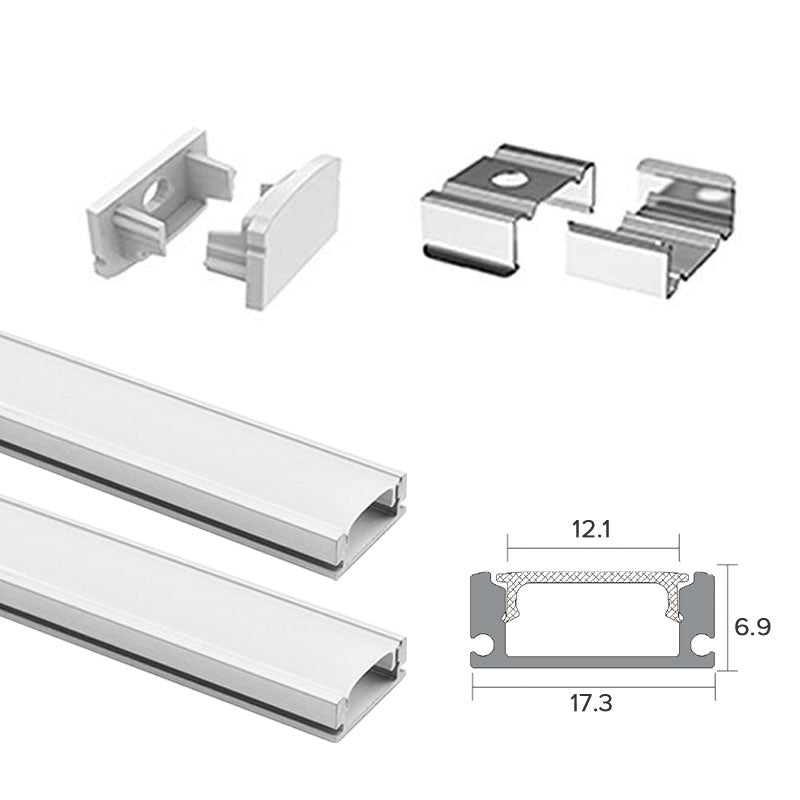 2 Metre Flat Aluminum Profile Channel with Frosted Diffuser and Accessories for LED Strip Lighting