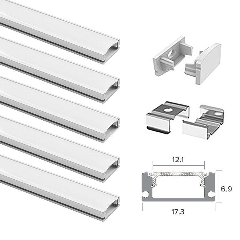 5 Pack of 2 Meters (Total 10 Meters) Flat Aluminum Profile Channel with Frosted Diffuser and Accessories for LED Strip Lighting