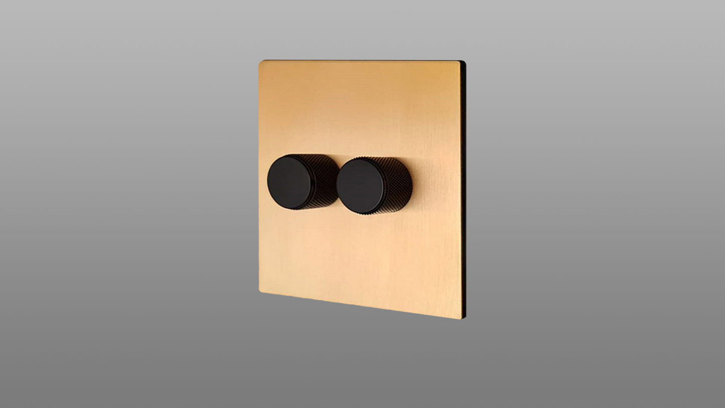 2 Gang Stainless Steel Knurled Dimmer Switch with French Brushed Brass / Matt Gold Plate