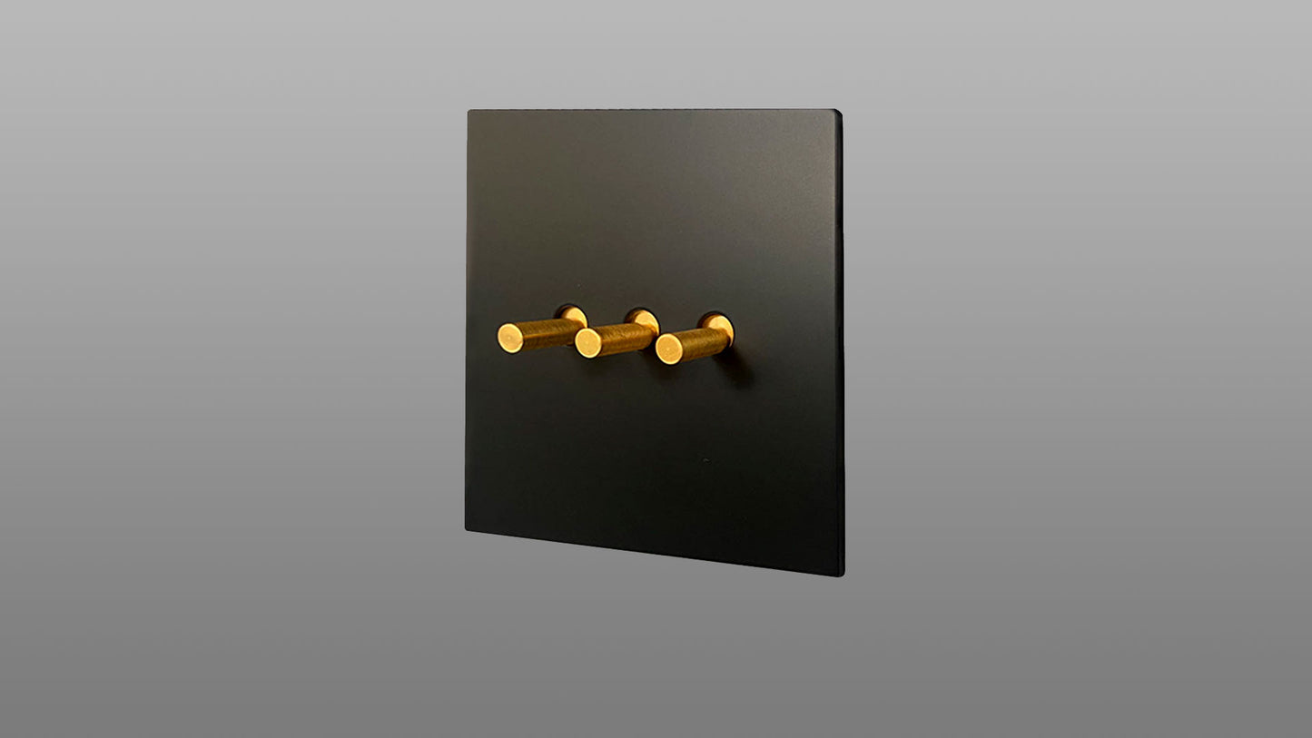 3 Gang 2 Way Toggle Light Switch Brass Gold Toggle with Matt Black Plate Finish