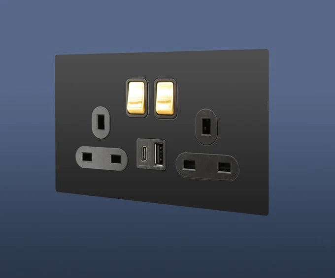 Screwless Matt Black Double Plug Switched Socket 2 Gang 13 Amp DP with USB and USBC Point