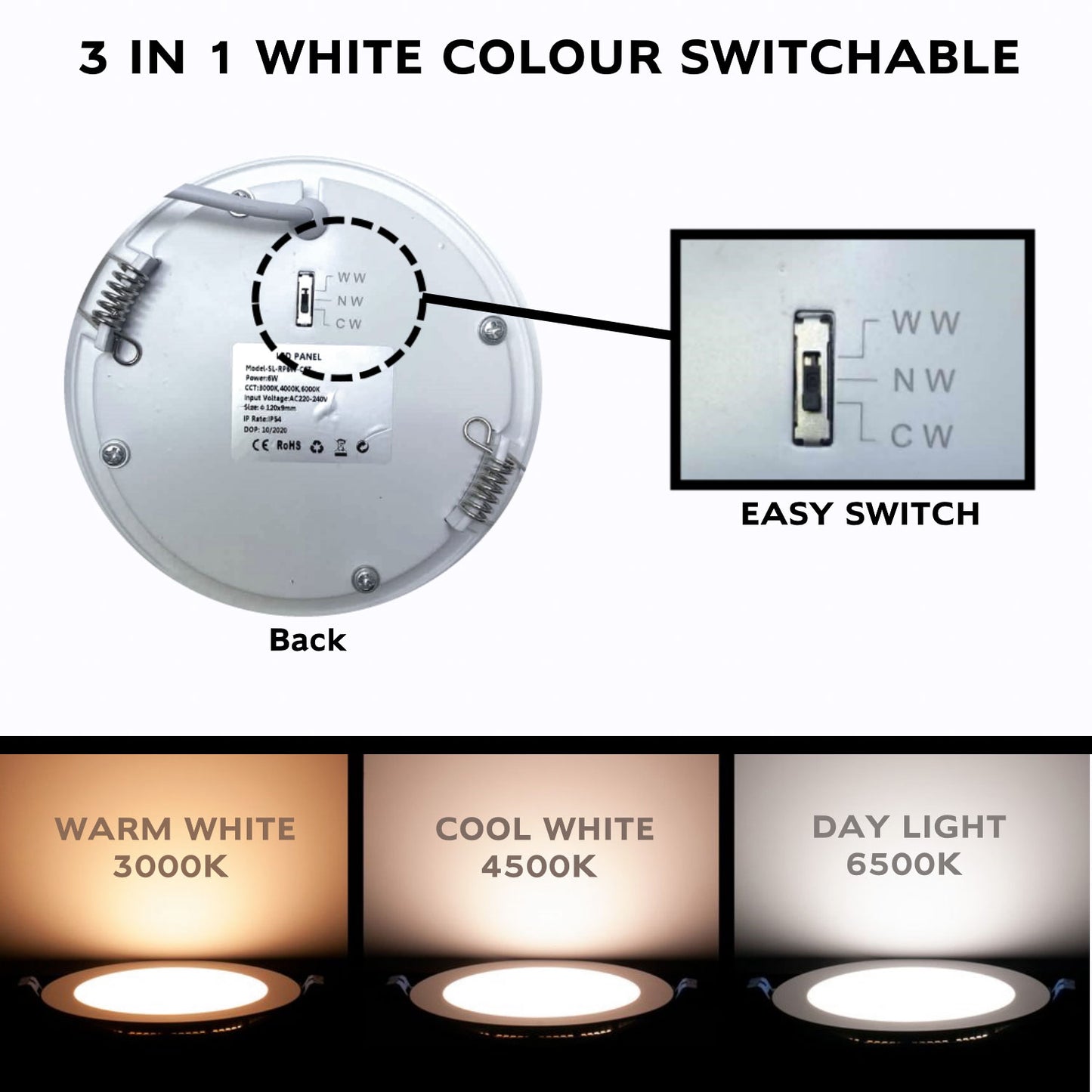 6W IP54 CCT Adjustable LED Round Circular Downlight Recessed Ceiling Panel Lights (Cutout: 100mm, 600 Lumen €€œ 3K/4K/ 6K