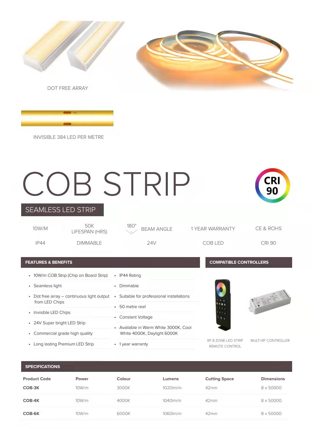 New Spot Free / Seamless Light LED COB Strip 5 Meters IP44 10W 3000K Warm White