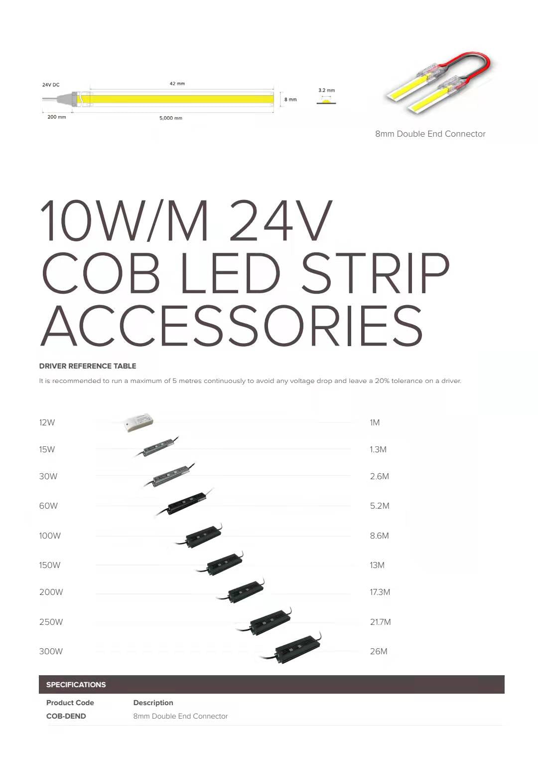 5 Metre Spot Free / Seamless 24V Light LED COB Strip  IP44 10W 3000K Warm White