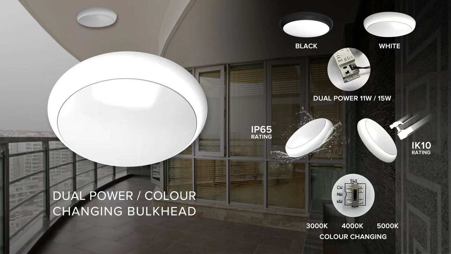 12W/18W/24W CCT Tri Color Adjustable Wattage LED IP65 Bulkhead Standard