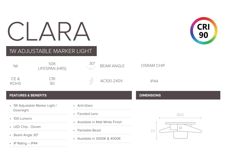 1W Clara Adjustable LED Marker / Shelf/ Joinery Light - White (Driver included)