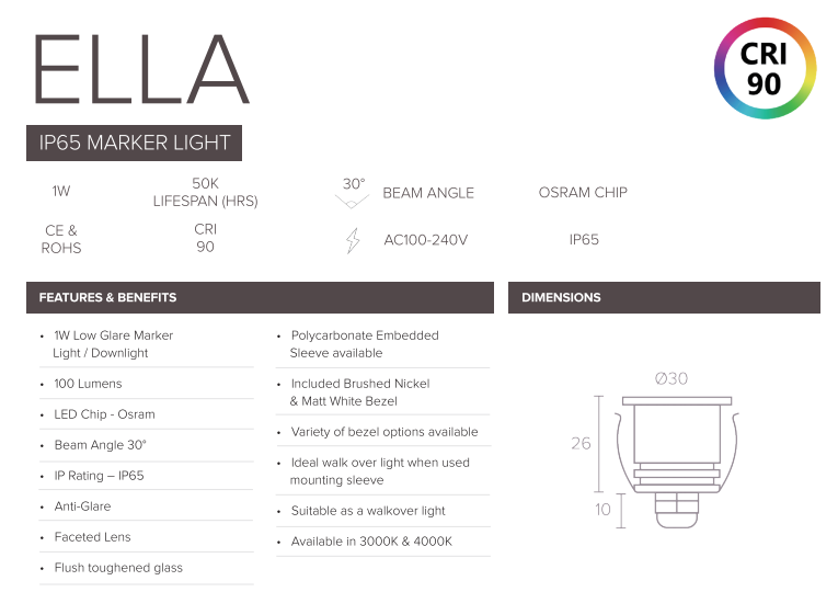 1W Ella LED Waterproof IP65 Marker, Step, Deck Light, Brushed Nickel (Non Dimmable Driver Included)