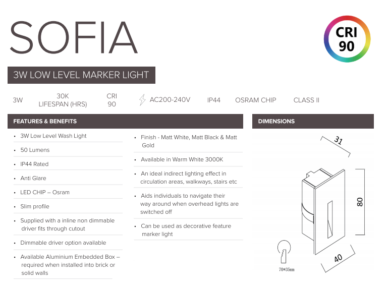 3W Sofia Low Level Wall Light / Step Light in Matt White (Non Dimmable Driver Included)
