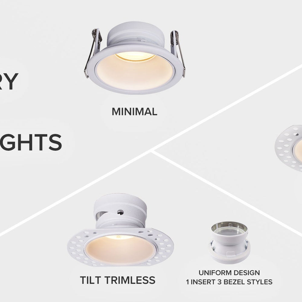 Banbury GU10 Downlights Available. 1 Insert 3 Bezel Options Minimal, Trimless, Tilt Trimless Downlights IP65 Fire Rated, Acoustic Rated, Moisture Rated #downlights #homedecor #interiordesign