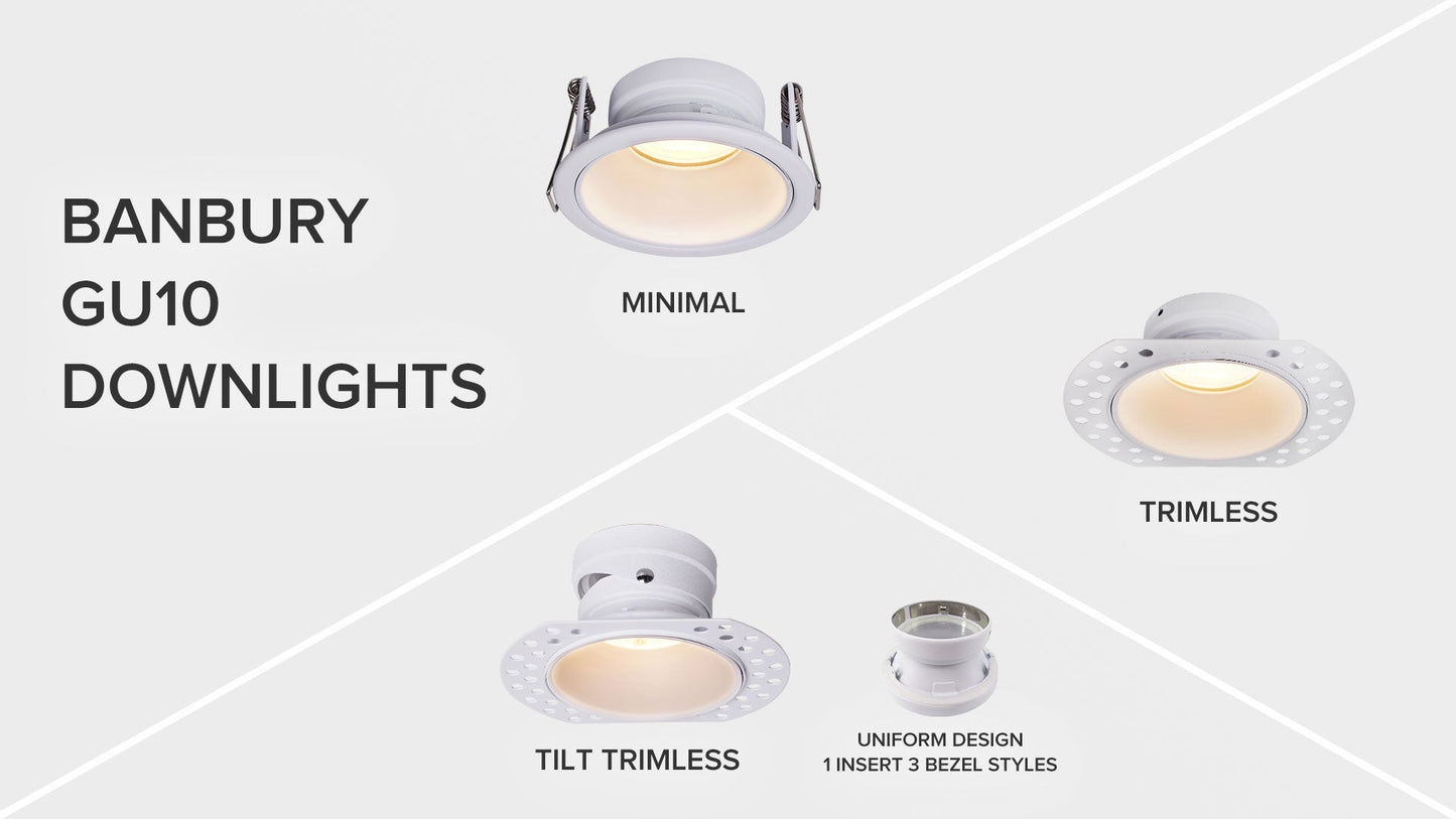 Banbury GU10 Downlights Available. 1 Insert 3 Bezel Options Minimal, Trimless, Tilt Trimless Downlights IP65 Fire Rated, Acoustic Rated, Moisture Rated #downlights #homedecor #interiordesign